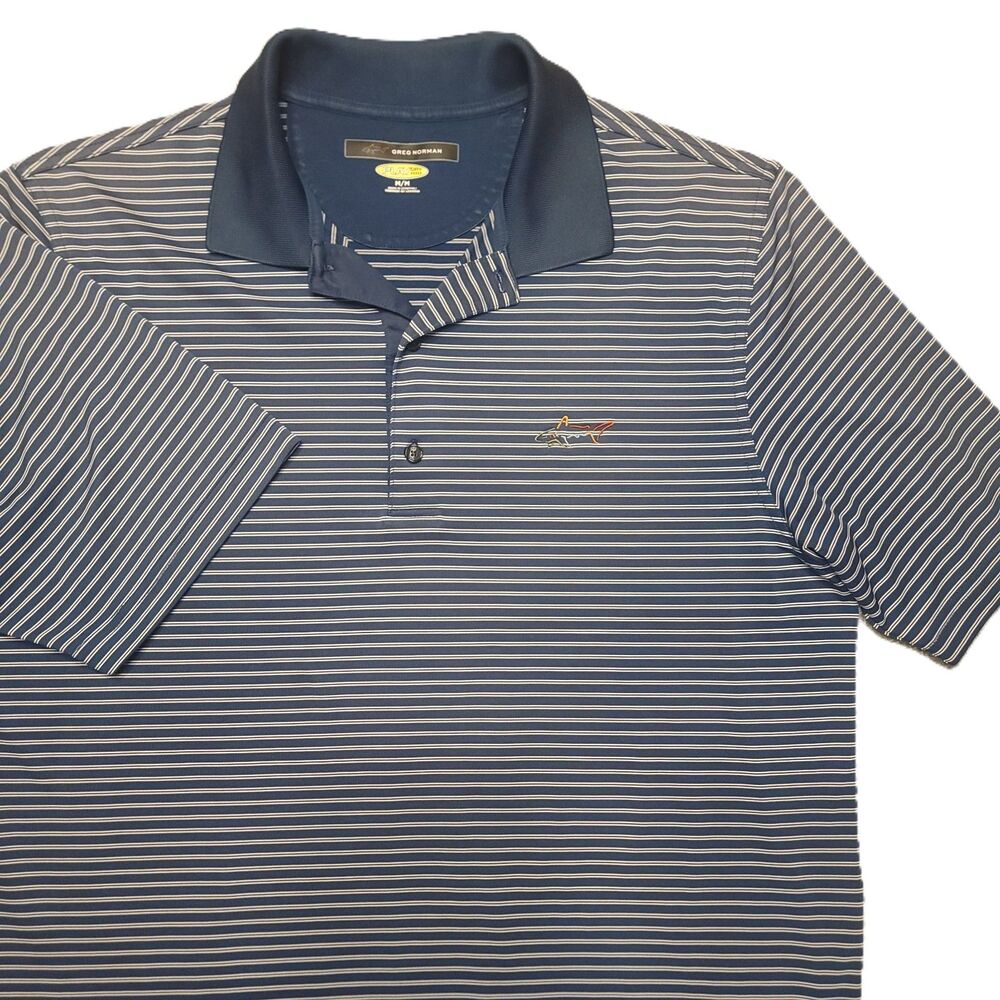 Greg Norman Men's Size M Shirt Play Dry Blue Striped Short Sleeve Polo Golf